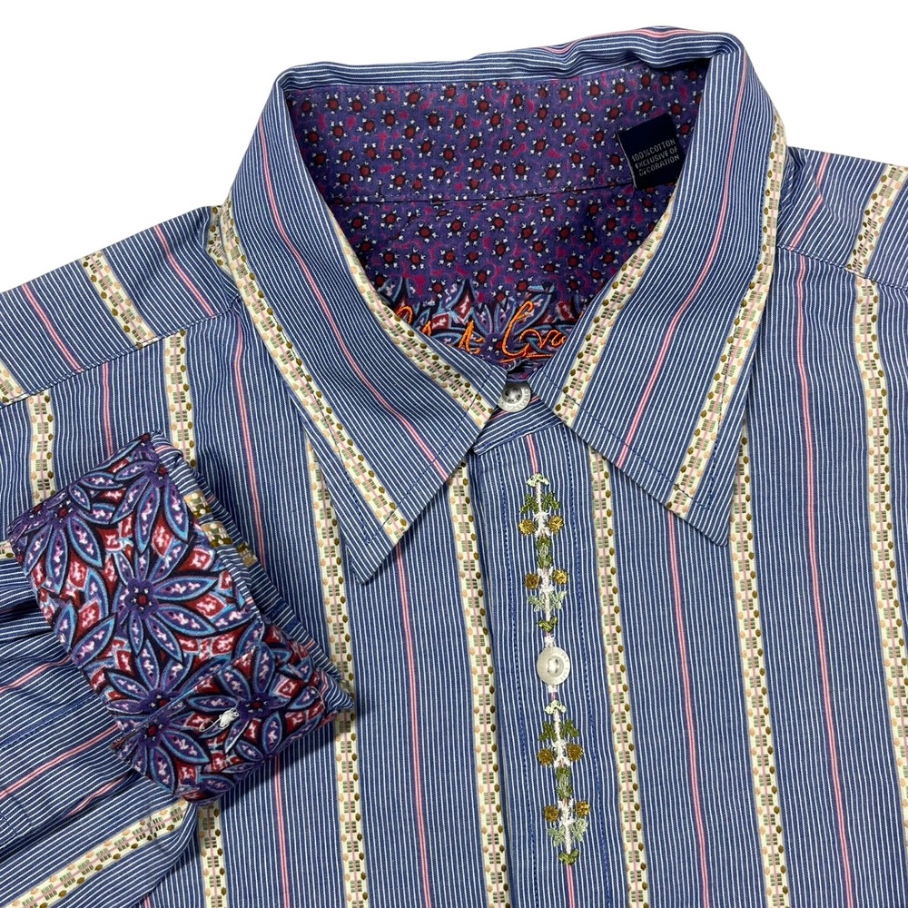 Robert Graham Button Front Shirt Mens Large Blue Striped Floral Embroidered L - Picture 3 of 12